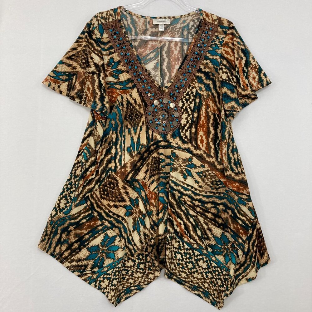 Dressbarn size 14/16 Brown Blue Abstract Boho Print Beaded Asymmetric Tunic